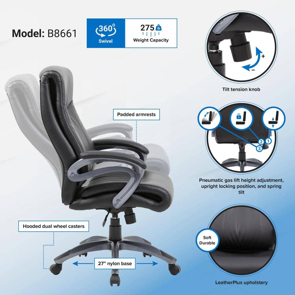 Ergonomic Metal Executive High Back Chair in Black LeatherPlus
