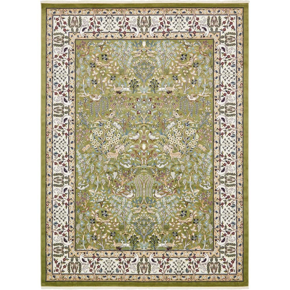 Green and Ivory Rectangular Floral Synthetic Area Rug 10' x 13'