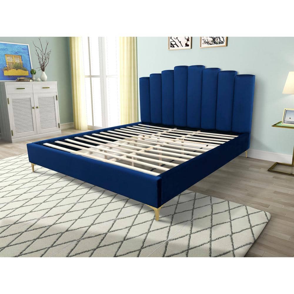 King Blue Velvet Upholstered Bed with Tufted Headboard and Gold Legs