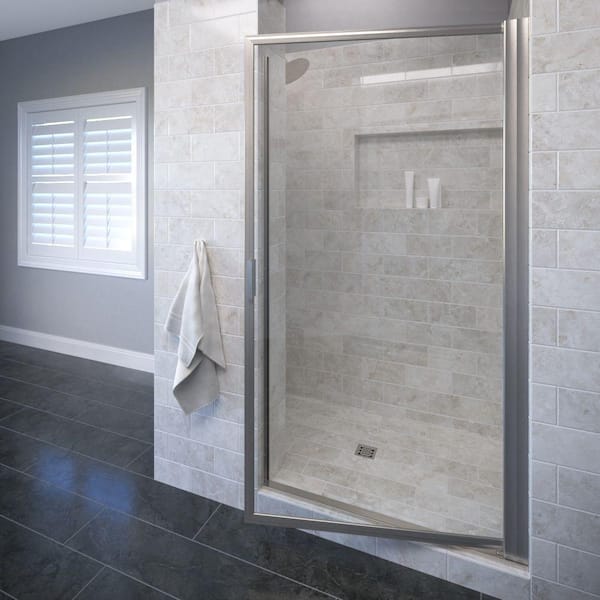 Basco Sopora 29-1/2 in. x 67 in Framed Pivot Shower Door in Brushed Nickelwith AquaGlideXP Clear Glass