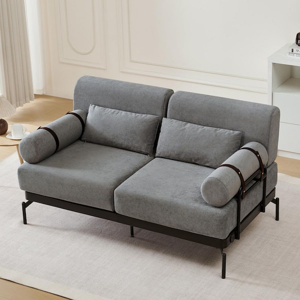 Dirk 59 in. Pillow Top Arm Chenille Upholstered Rectangle Sofa in. Grey with USB Ports, Adjustable Straps