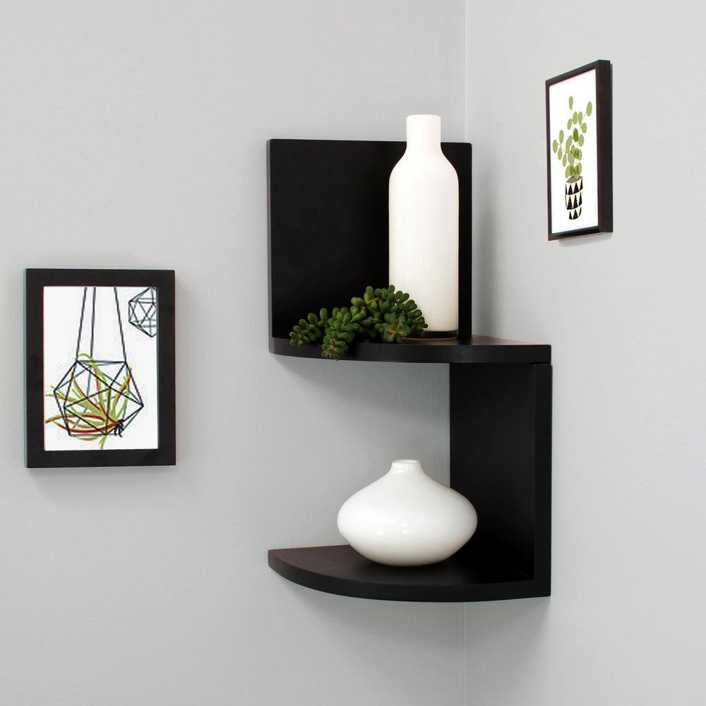 Black Wood Floating Corner Shelves Set for Wall