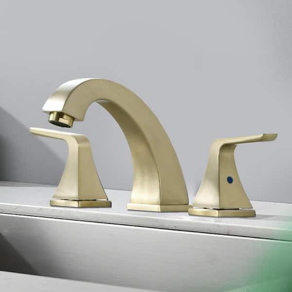 UPIKER Modern 8 in. Widespread Double Handle 360° Swivel Spout Bathroom Faucet with Drain Kit Included in Brushed Gold