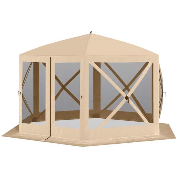 12 ft. x 12 ft. Beige Hexagon Screen Shelter Tent Pop-Up Canopy with Carry Bag