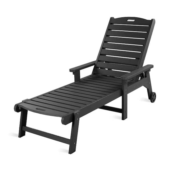 LUE BONA Helen Black Recycled Plastic Polywood Outdoor Reclining Chaise Lounge Chairs with Wheels for Poolside Patio