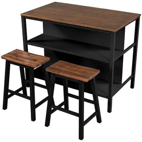 45 in. W 3-Piece Rustic Walnut Wood Top Kitchen Island Set Seats 2