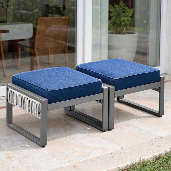 SquareChic Metal and Light Beige Wicker Outdoor Ottoman with Olefin Navy Blue Cushion (2-Pack)