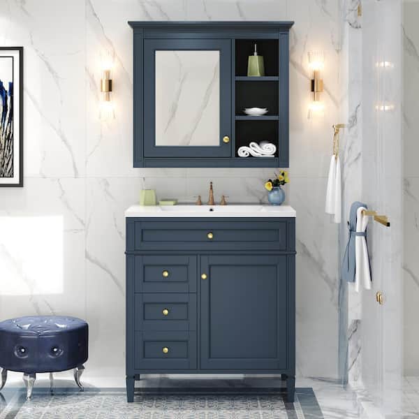 Unbranded 30 in. W x 18 in. D x 33 in. H Single Sink Freestanding Bath Vanity in Blue with White Ceramic Top and Mirror Cabinet