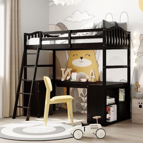 ANBAZAR Espresso Wooden Loft Bed with 2 Drawers, 1 Cabinet, 4 Shelves, Desk and Ladder, Twin Size Loft Bed with Desk