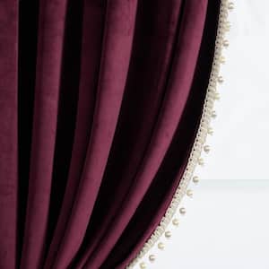 Luxury Vintage 52 in. W x 84 in. L Velvet with Silky Pompom Trim Light Filtering Window Curtain Panel in Plum Single