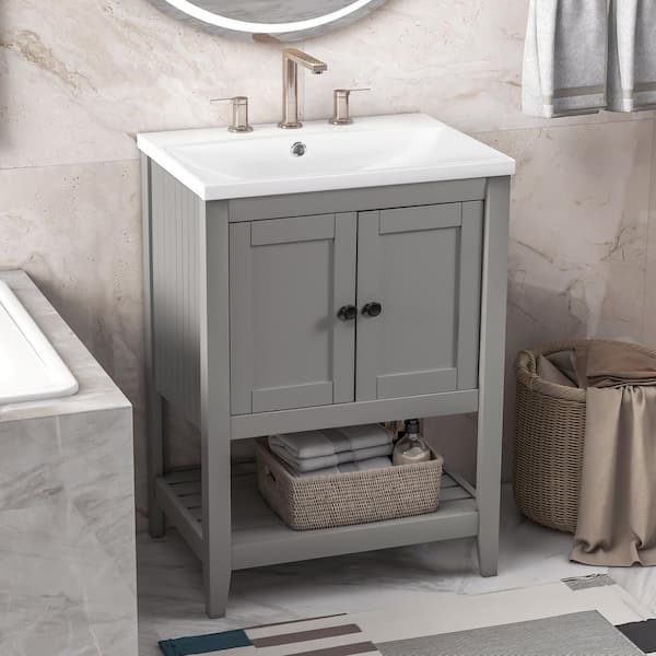 17.8 in. W x 23.7 in. D x 33.6 in. H Bathroom Vanity Ceramic Sink with Wood Frame Open Style Shelf Vanity Top in Gray