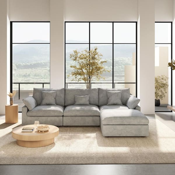 Oversized 119 in. Flared Arm Down Filled Gray Plush Linen Modular L-shaped Cloud Couch Sofa with Ottoman, Washable Cover