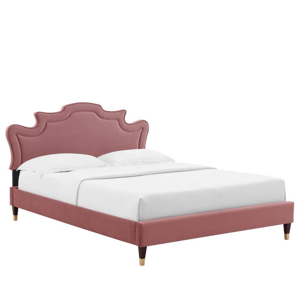 MODWAY Neena Red Performance Velvet Frame Queen Platform Bed with Wood