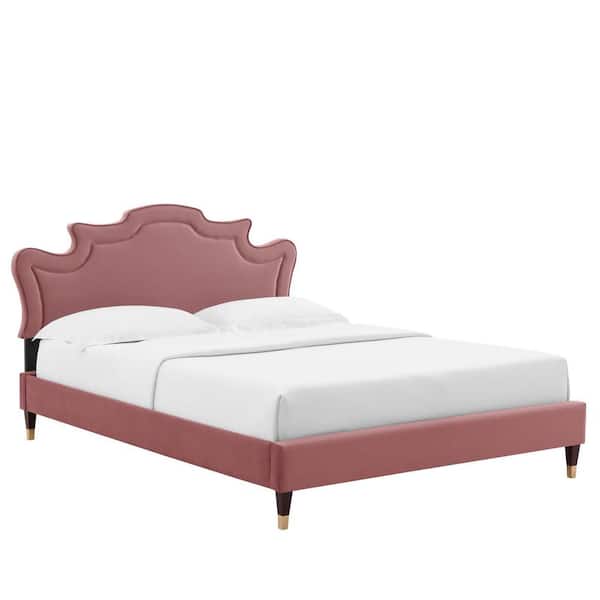 MODWAY Neena Red Performance Velvet Frame Queen Platform Bed with Wood Slat Support System