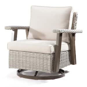 Wicker Patio Outdoor Rocking Chair Swivel Lounge Chair with Beige Cushion