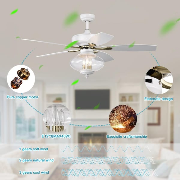 52 in. Indoor Matte White Ceiling Fan with Lights, Remote Control and Reversible Motor for Living Room, Bedroom