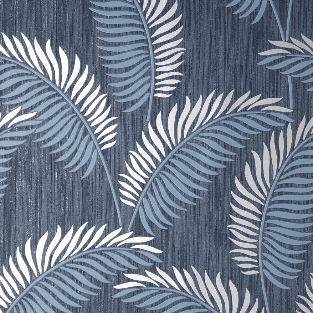 Navy and Silver Tropical Leaf Non-Pasted Washable Wallpaper