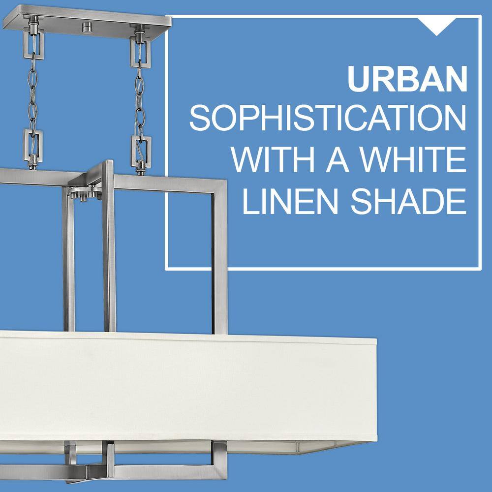 Elegant Antique Nickel 4-Light Linear Chandelier with Off-White Linen Shade