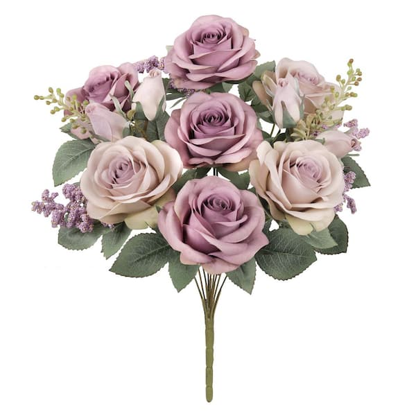 LIVING LUXURY 18 in. Dusty Lavender Purple Artificial Rustic Rose Flower Stem Bush Bouquet (Set of 2)