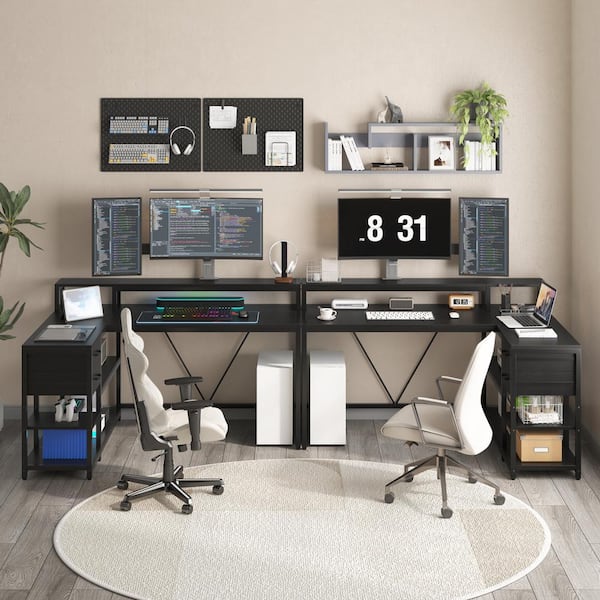 BYBLIGHT Lanita 55.1 in. Reversible L Shaped Desk Black Engineered Wood 2-Drawer Computer Desk Storage Shelves