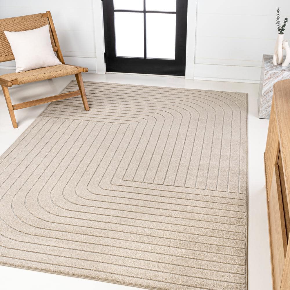 Beige and Cream 8' x 10' Striped Synthetic Area Rug