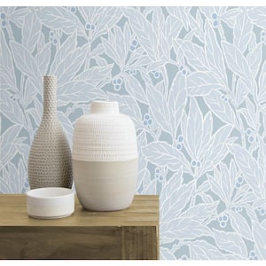 57.5 sq. ft. Powder Blue Leaf and Berry Unpasted Nonwoven Wallpaper Roll