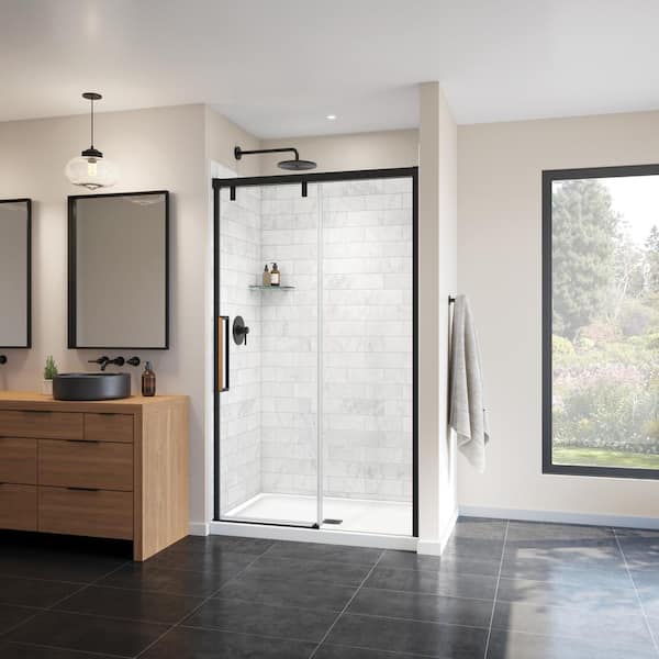 MAAX Uptown 44 in. to 47 in. W x 76 in. H Frameless Sliding Shower Door Alcove Installation w/Clear Glass in Matte Black Wood
