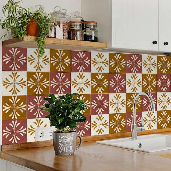 Brown, Dark Goldenrod and Beige R1016 12 in. x 12 in. Vinyl Peel and Stick Backsplash Tiles (24-Pack)