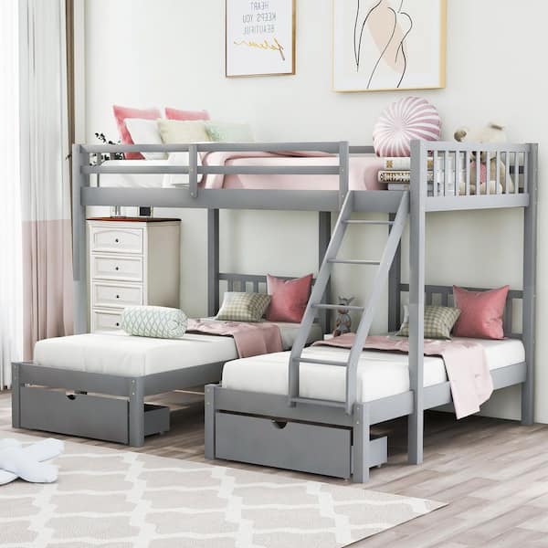 Polibi Gray Full Over Twin and Twin Bunk Bed, Wood Triple Bunk Bed with Drawers and Guardrails