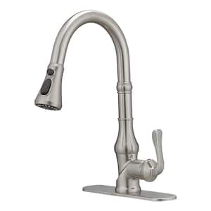 Single-Handle Pull-Down Sprayer 3 Spray High Arc Kitchen Faucet With Deck Plate in Brushed Nickel