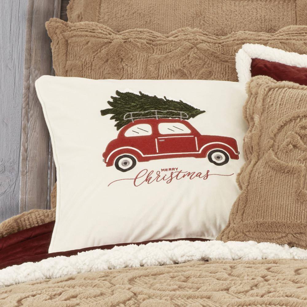 Red Car Embroidered Christmas Tree Square Throw Pillow