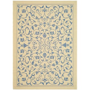 Courtyard Natural/Blue 8 ft. x 11 ft. Border Indoor/Outdoor Patio  Area Rug