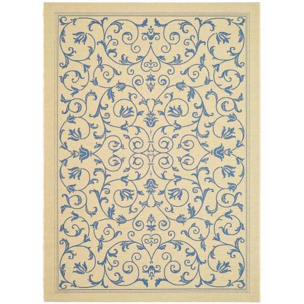 SAFAVIEH Courtyard Natural/Blue 8 ft. x 11 ft. Border Indoor/Outdoor Patio  Area Rug