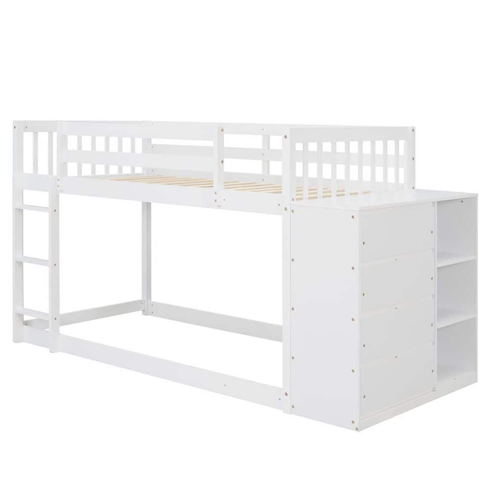 ANBAZAR White Twin Over Twin Kids Wood Bunk Bed Frame with Storage ...