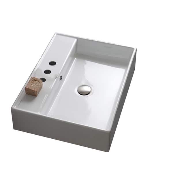Nameeks Teorema Wall Mounted Vessel Bathroom Sink in White with 3 Faucet Holes