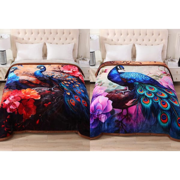 Peacock 3-Ply Reversible Polyester Fleece Blanket for Winter 85 in. x 93 in. 8 lbs.