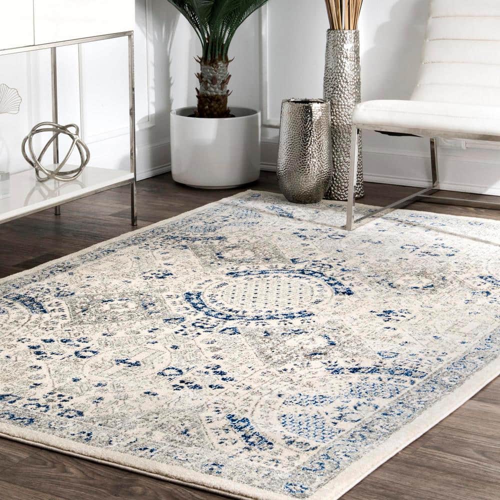 Vintage Blue and Off-White Medallion Synthetic Area Rug