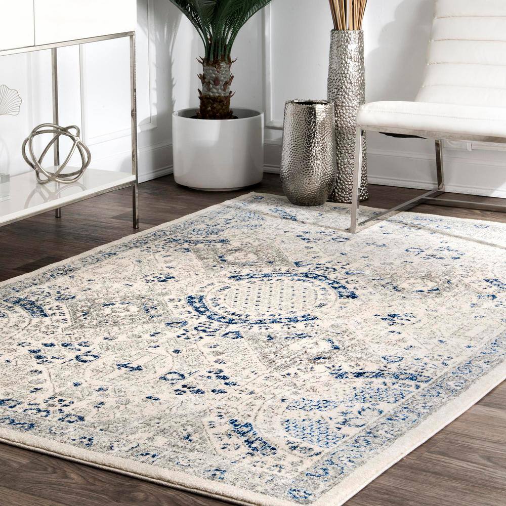 Minta Blue and Off-White Vintage Synthetic Area Rug