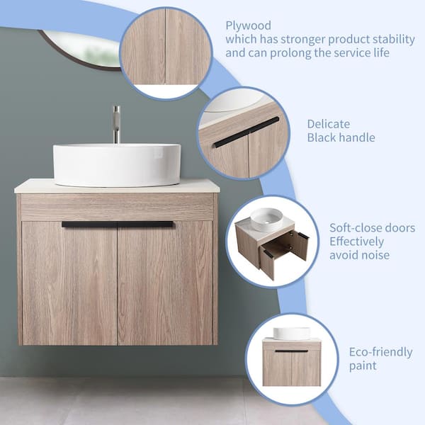 Modern 29.5 in. W x 18.9 in. D x 23.8 in . H Floating Bath Vanity in White Oak with White Ceramic Top