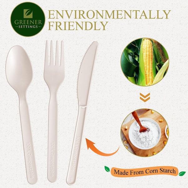 4C Flatware Compostable Cutlery Set - 200 PC Plant Based Utensils:  [75-50-25-50] Compostable Forks Spoons Knives Straws, Non-Plastic  Silverware To Go