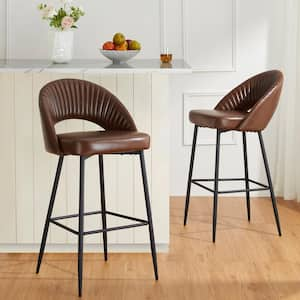 30.25 in. H Seat Modern Brown Metal Quilted Leatherette Bar Stool with Metal Tapered Legs (Set of 2)