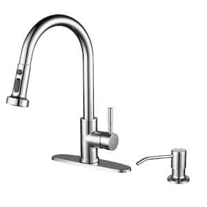Henassor Single Handle Pull-Down Sprayer Kitchen Faucet with Advanced Spray and Soap Dispenser in Polished Chrome