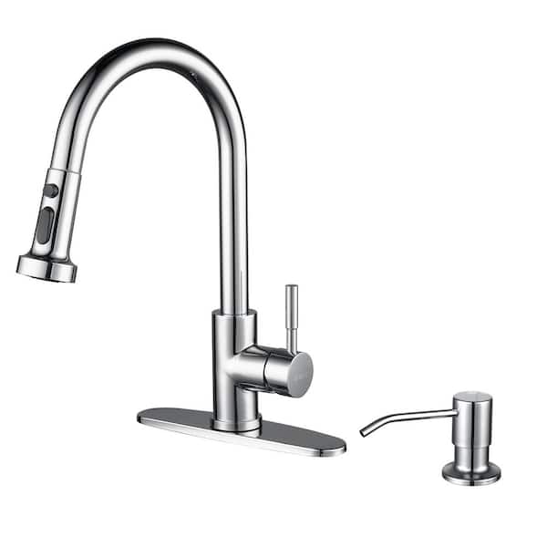 IVIGA Single Handle Pull Down Sprayer Kitchen Faucet with 3-Modes Advanced Spray and Soap Dispenser in Polished Chrome