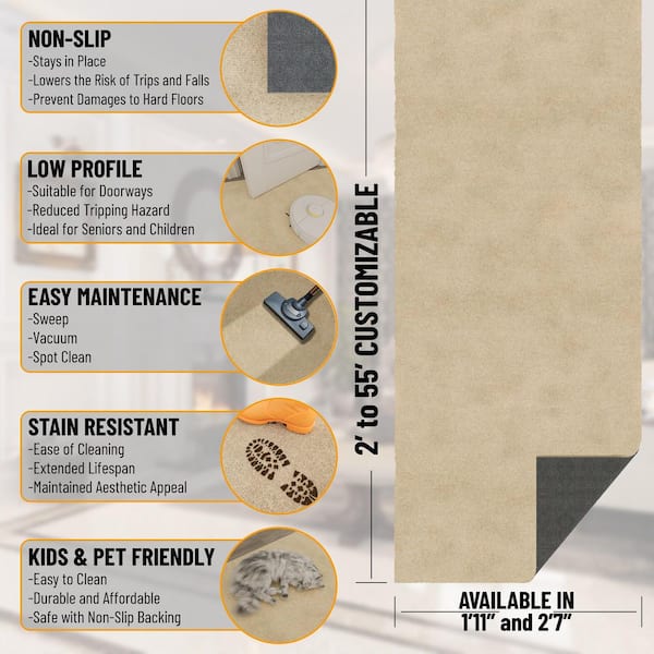 Majestic Non-Slip Rubberback 2 ft. X 15 ft. Indoor Custom Cut Extra Long Runner Rug 1 ft. 11 in. X 15 ft., Beige