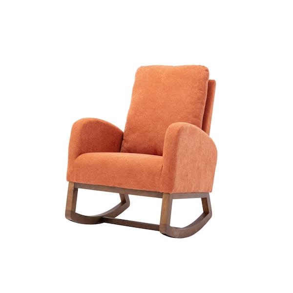 Clihome Orange Linen Rocking Chair Recliner Armchair with Wood Legs and Side Pocket