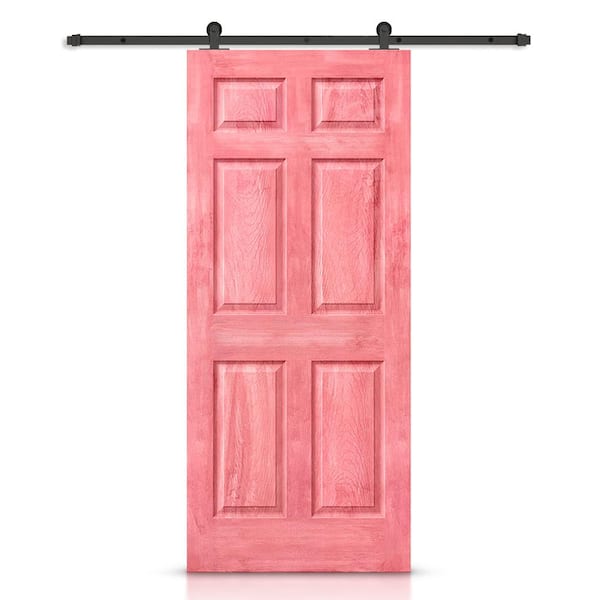 CALHOME 36 in. x 80 in. Antique Red Stain Composite MDF 6 Panel Interior Sliding Barn Door with Hardware Kit