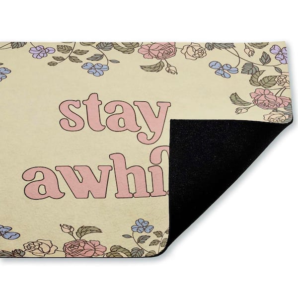 Stay Awhile with Floral Border Beige 18 in. x 30 in. Polyester Non-Slip Outdoor Door Mat