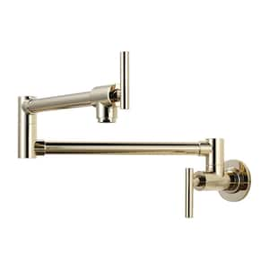 Modern Wall Mount Pot Filler Kitchen Faucet with Double Joint Swing Arm 360° Rotation in Polished Brass