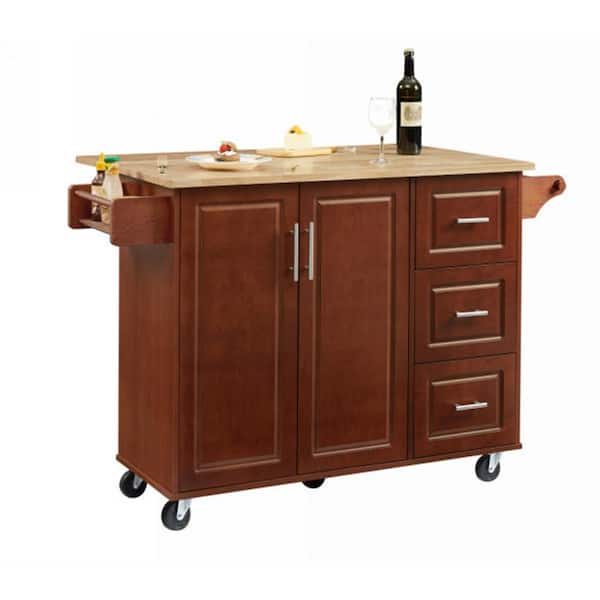 HMMHVV Brown Wood 53.8 in. Tabletop Rolling Kitchen Island with Drop Leaf, Drawers and Cabinet, Mobile Kitchen Cart on Wheels