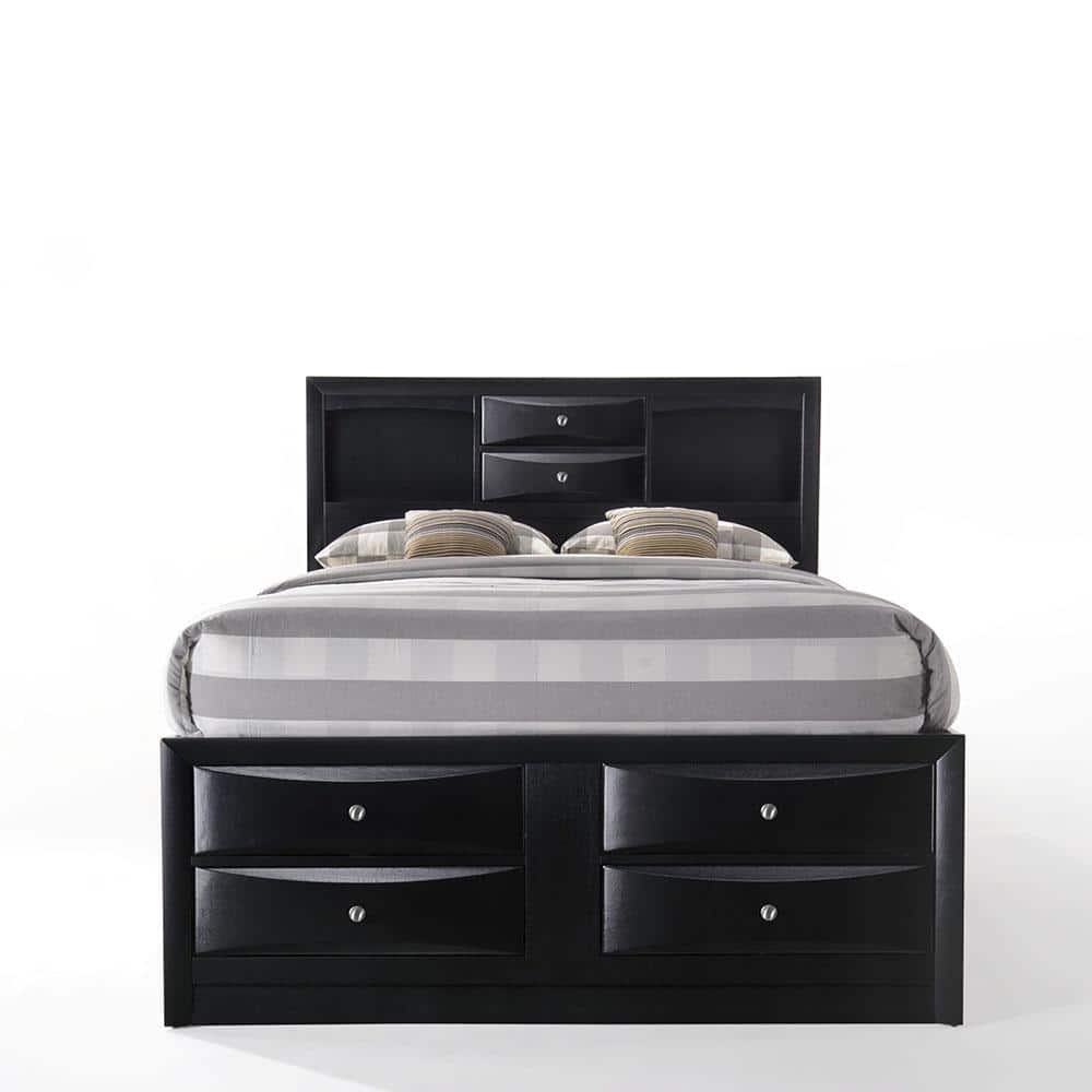 Transitional Black Queen Storage Bed with Nickel Accents and Bookcase Headboard